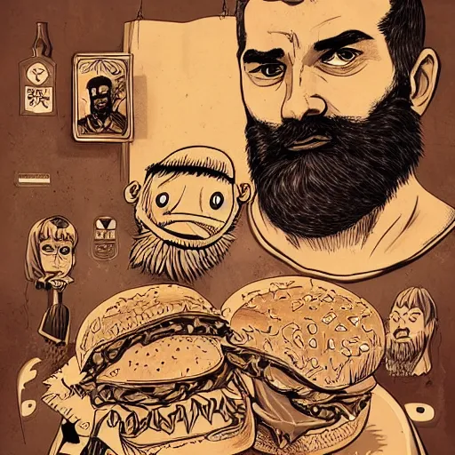 Image similar to beard man angry with italian burger. symmetrical anatomy, hyperdetailed, digital art, baroque, pop punk art style, poster style, illustration, fantasy, full body pictures, without duplication, dribble popular, unreal engine, drawn by ilya kuvshinov and vinicius gud and gustavo zambelli, intricate, balance rendered.