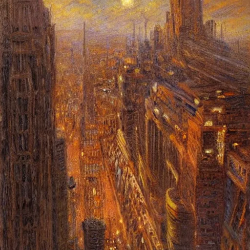 Prompt: monumental hyperrealism, post - impressionism by gaston bussiere. a beautiful drawing of a large, orange monster looming over a cityscape. the monster has several eyes & mouths, & its body is covered in spikes. it seems to be coming towards the viewer, who is looking up at it in fear.