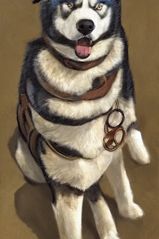 Image similar to a portrait painting of a husky in cowboy costume in the style of anime, a fistful of dollars, per un pugno di dollari, humanoid, personify, anthropomorphic, furry