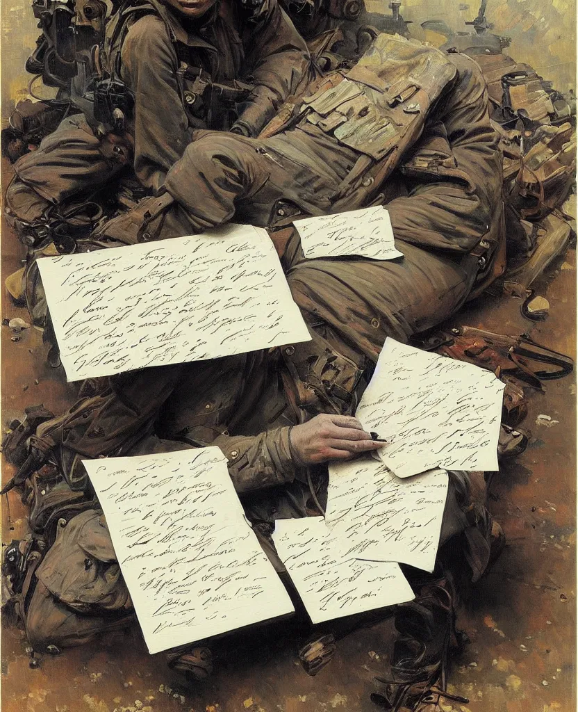 Prompt: a painting of lots of words in a hand written letter by a soldier in el alamein battle, war wwii, explosions, black and white, jeremy mann, alphonse mucha