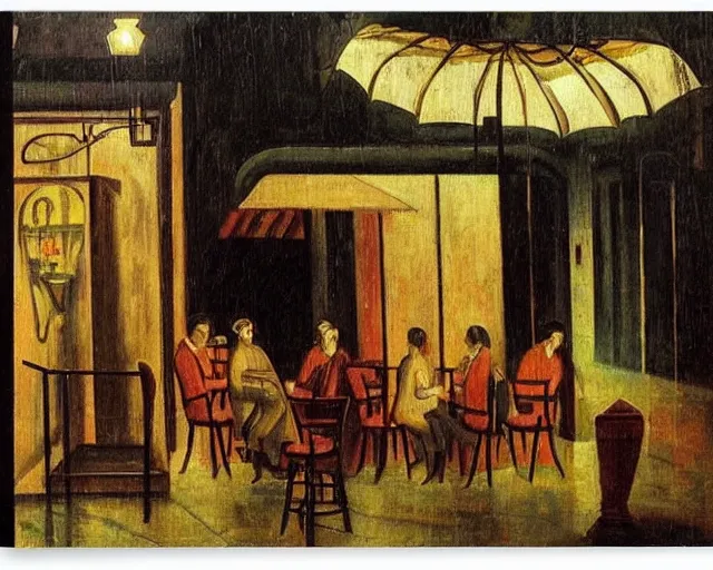 Image similar to melancholy rainy night at a cafe by de chirico