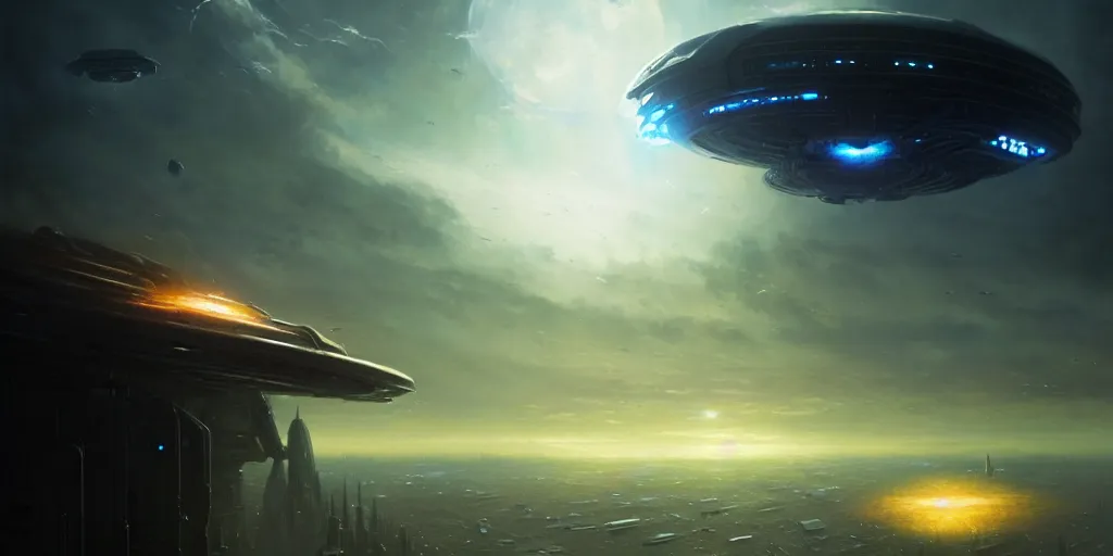 Image similar to alien mothership hovering in the sky above city, ultra high definition, sci - fi, fantasy, by greg rutkowski