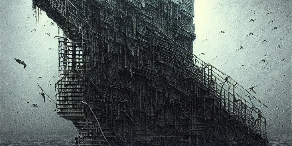 Image similar to big spiral stairways on old ship, inhabited on many levels, flying birds, by beksinski, shining light, strong perspective, clear geometry, architecture, Award winning. Masterpiece, detailed illustration