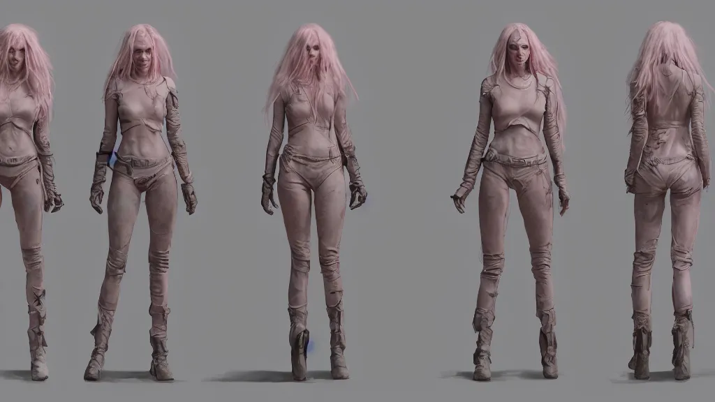 Prompt: character sheet for a light pink long haired female for futuristic dystopian mad max like fashion brand demobaza on an alien planet, impact by craig mullins, by studio ghibli, digital art, trending on artstation, hd, 8 k, highly detailed, good lighting, beautiful, masterpiece