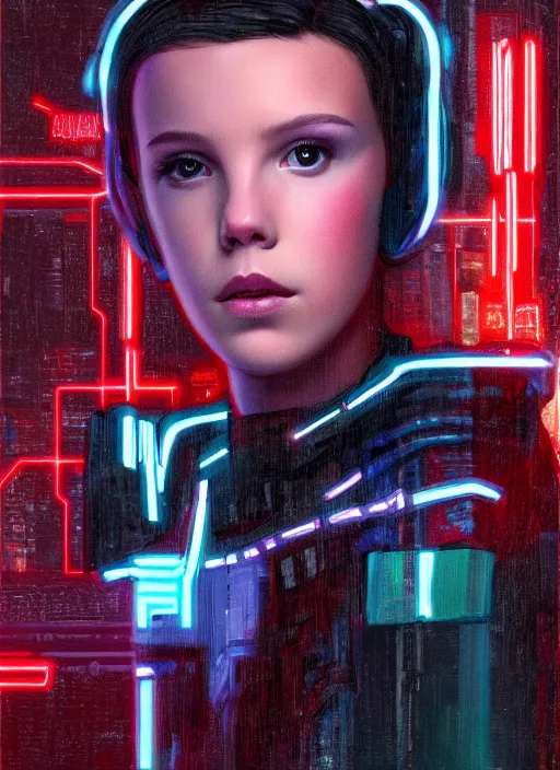 Prompt: Portrait of cyberpunk Millie Bobby Brown