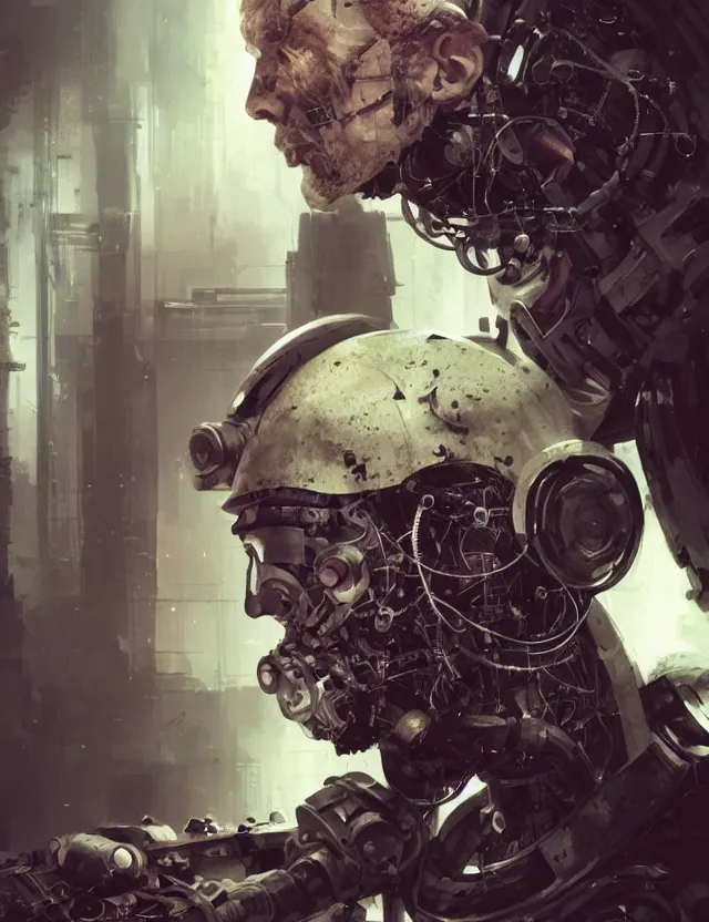 Image similar to a half - masked rugged laboratory engineer man with cybernetic enhancements as seen from a distance, scifi character portrait by greg rutkowski, esuthio, craig mullins, 1 / 4 headshot, cinematic lighting, dystopian scifi gear, gloomy, profile picture, mechanical, half robot, implants, steampunk