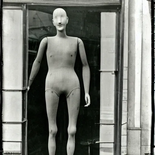 Image similar to 1 9 1 0 paris store window, manikin, suit, wax head, photograph, style of atget, old, creepy, smiling