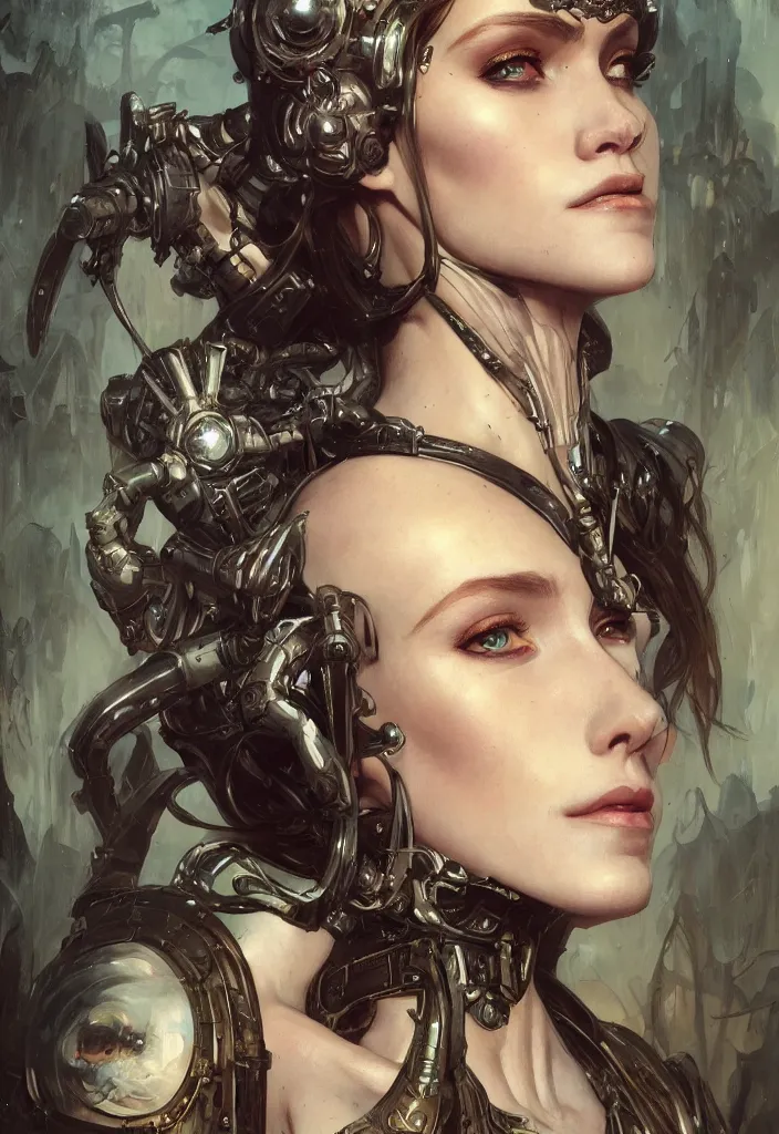 Image similar to portrait of beautiful pale gothic maiden, warhammer 40000, cyberpunk, intricate, elegant, highly detailed, digital painting, artstation, concept art, smooth, sharp focus, illustration, art by artgerm and greg rutkowski and alphonse mucha and Gustav Klimt