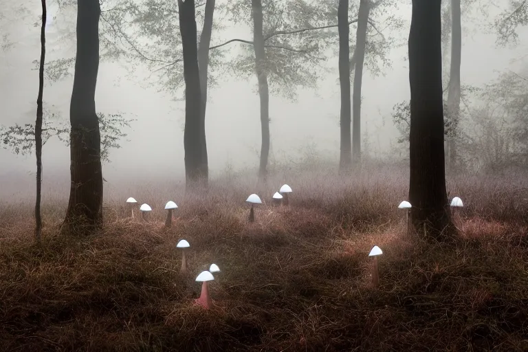 Prompt: Luminescent mushrooms in the forest, mysterious fog, wee hours, photo realism, Sony a7R