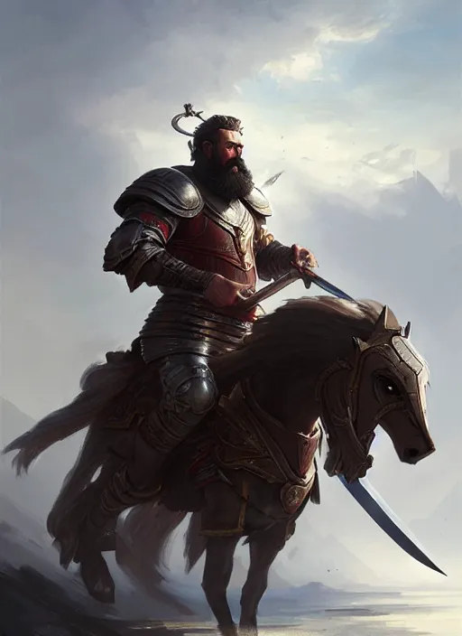 Image similar to epic bearded war commander holding gigantic sword and large shield riding a horse. highly detailed, digital painting, concept art, smooth, sharp focus, illustration, art by greg rutkowski