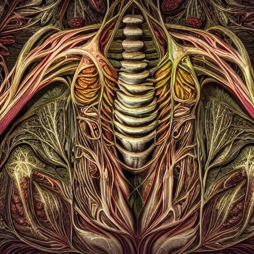 Image similar to a beautiful detailed photo of a rotten woman corpse open in two sides morphing into fractal plants and fractal flowers and mushrooms, muscles, veins, anatomical, intricate, ornate, volumetric light, beautiful lit, romero ressendi