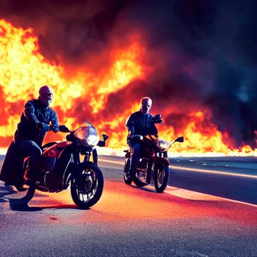 Prompt: photo of walter white and jesse pinkman riding motorcycles with a building on fire behind them, color, cinematic lighting, highly detailed