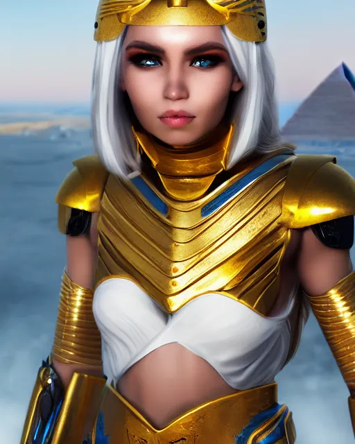 Prompt: girl in egypt, egyptian cyborg armor, white hair, atmosphere, gold, detailed, intricate, desert, beautiful face, cinematic lighting, trending on artstation, blue eyes, 4 k, focused, extreme details, cinematic, masterpiece, by akihito tsukushi