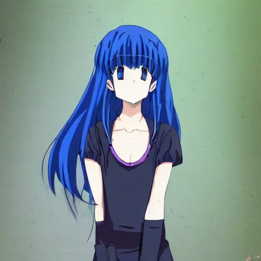 Prompt: Ami is a 14 year old anime girl who has short, very dark blue hair that reaches her neck, and dark blue eyes. She stands at about 157 cm or 5 feet 2 inches. She is shy and wears trendy clothes