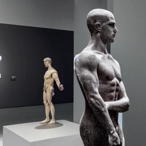 Image similar to “ a realistic detailed photo of a guy who is an attractive humanoid who is half robot and half humanoid, who is a male android, actor liam hemsworth, shiny skin, posing like a statue, blank stare, at the museum, on display ”