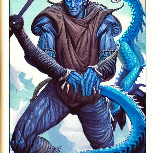 Image similar to half length portrait of a medieval d & d fantasy nerdy anthropomorphic blue dragon - headed - human hybrid with electrcity magic, comic book cover art photo by phil noto, frank miller, hr giger, alex ross, glenn fabry