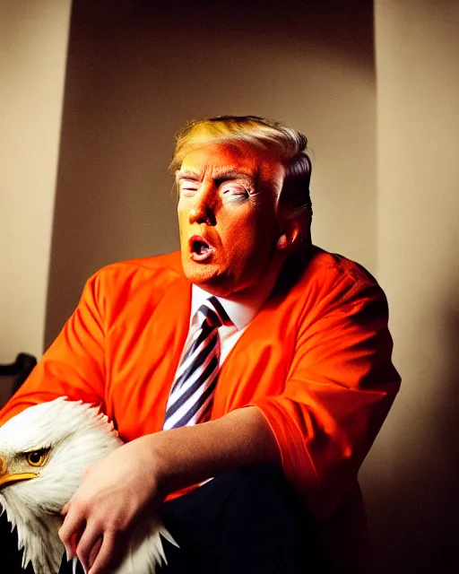 Image similar to closeup portrait of of angry donald trump wearing orange prison pajamas sitting on a bed kissing a bald eagle in a filthy prison, cinematic masterpiece, octane, dramatic lighting, editorial photo, 35mm, very detailed