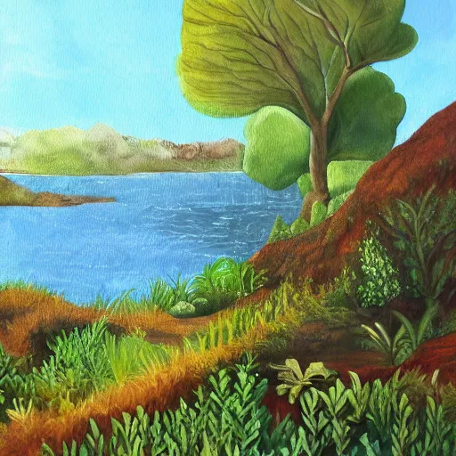 Image similar to painting of a lush natural scene on an alien planet by emma webster. beautiful landscape. weird vegetation. cliffs and water.