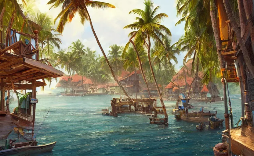 Image similar to a little fisher village on a tropical island, wood pier and houses, bright day, matte painting by marc simonetti and rhads, trending on artstation