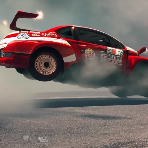Prompt: Santa Clause driving a rally car he is going fast there is smoke coming from the tires, octane render, realistic lighting, realistic shadows, highly reflective