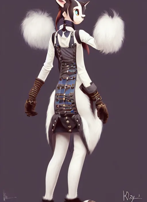 Image similar to wide angle beautiful full body portrait of a strong female anthropomorphic anthro lynx fursona wearing a steampunk dress. from behind, character design by disney, anime, manga, charlie bowater, ross tran, artgerm, and makoto shinkai, detailed, soft lighting, rendered in octane, white fur