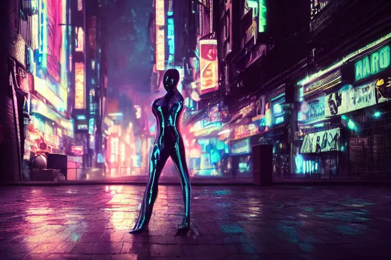 Image similar to VFX movie portrait closeup beautiful blade runner giant hologram woman glowing translucent skin, natural night street lighting in the city alley by Emmanuel Lubezki