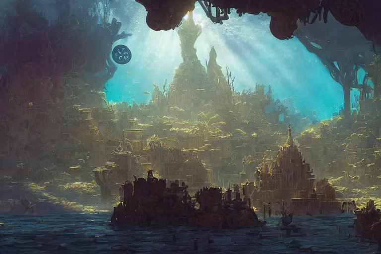 Image similar to a scenic landscaping view of the lost and abandoned city of Atlantic under water, ray of sunlight, mermaids in distance, Greg Rutkowski, Moebius, Mohrbacher, Mucha, blue and gold color scheme, ultra wide angle, light effect