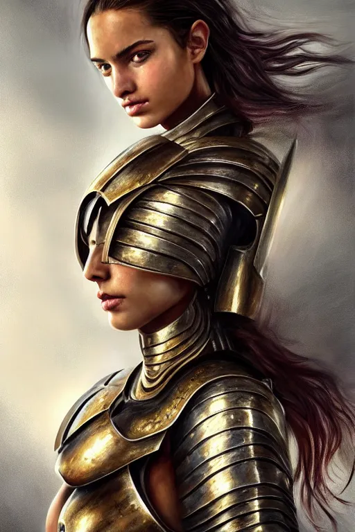 Prompt: a photorealistic painted portrait of an attractive young girl, partially clothed in power-assisted battle armor, with an abstractly painted background, flawless olive skin, fair complexion, long dark hair, beautiful bone structure, perfectly symmetric facial features, perfect photorealistic eyes, natural physique, intricate, elegant, digital painting, concept art, finely detailed, beautifully illustrated, sharp focus, minimal artifacts, volumetric lighting, from Metal Gear, by Ruan Jia and Mandy Jurgens and Artgerm and William-Adolphe Bouguerea, in the style of Greg Rutkowski, trending on Artstation, award winning art