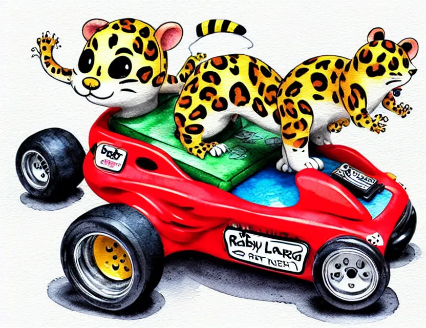 Image similar to cute and funny, baby leopard riding in a tiny go kart with oversized engine, ratfink style by ed roth, centered award winning watercolor pen illustration, isometric illustration by chihiro iwasaki, edited by range murata, tiny details by artgerm and watercolor girl, symmetrically isometrically centered