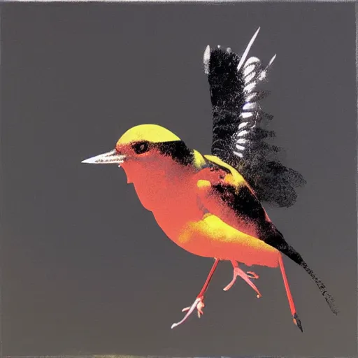 Image similar to a full-metal neon-winged wren, the background is the kernel source of a virtual world, oil on canvas by Yoji Shinkawa and Stina Persson