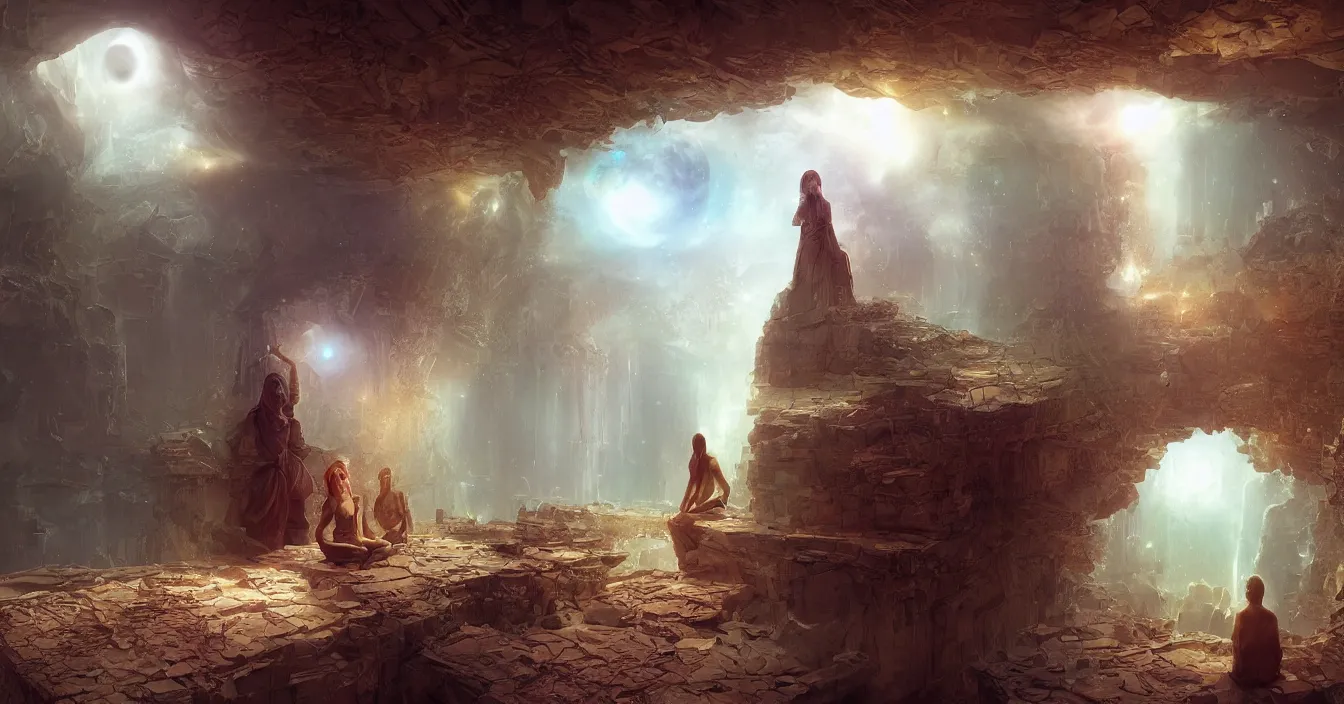 Image similar to Imagination of The point of view of human consciousness from calm space behind mirror into world of physical reality, deep sense of spirituality, life meaning, meaning of physical reality, calm atmosphere, by Unreal Engine and Marc Simonetti