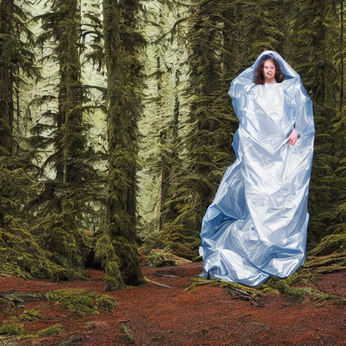 Image similar to a color photograph, closeup portrait of a woman wrapped in plastic, in grand olympic national park in washington, color photograph, by vincent desiderio, canon eos c 3 0 0, ƒ 1. 8, 3 5 mm, 8 k, medium - format print