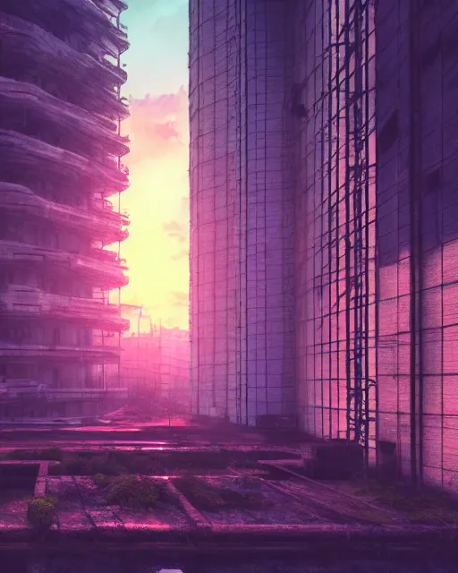 Prompt: a beautiful photorealistic illustration of architecture nature jail abandoned by odile decq, vaporwave postcyberpunk at dawn at dusk, archdaily, wallpaper, highly detailed, trending on artstation.