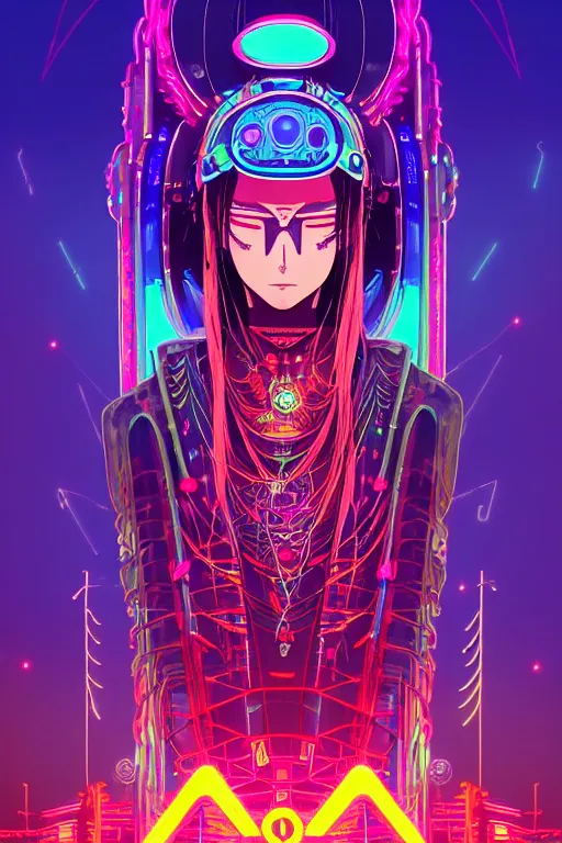 Prompt: cyberpunk shaman, shaman totems, shaman symbols, shaman architecture, neon billboards, neon lights, elegant, ultra sharp lines, 4 k, anime key visual of monuments, neons, vibrant colors, finely detailed perfect details, delicate features, laying down in the grass at sunset in a valley, trending on pixiv fanbox, studio ghibli, extremely high quality artwork