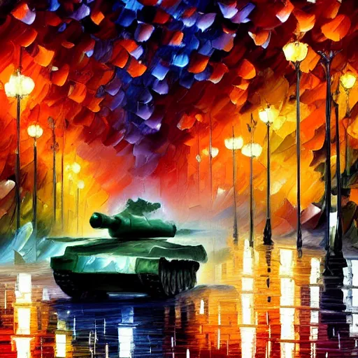 Prompt: A tank on a rainy evening, Leonid Afremov, intricate details, trending on artstation