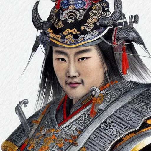 Image similar to dynamic composition, motion, ultra-detailed, incredibly detailed, a lot of details, amazing fine details and brush strokes, colorful and grayish palette, smooth, HD semirealistic anime CG concept art digital painting, watercolor oil painting of a Tang Ming dynasty chinese tao fantasy general wearing armor, from Three Kingdoms, by a Chinese artist at ArtStation, by Huang Guangjian, Fenghua Zhong, Ruan Jia, Xin Jin and Wei Chang. Realistic artwork of a Chinese videogame, gradients, gentle an harmonic grayish colors.