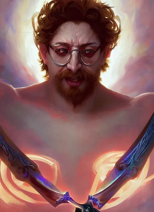 Prompt: close-up of character concept portrait of an Sam Hyde wizard conjuring a violent void multiversal spell, a floating iridescent blade sword of chaos from God of War in the center, intricate, elegant, digital painting, concept art, smooth, sharp focus, illustration, from Metal Gear, by Ruan Jia and Mandy Jurgens and William-Adolphe Bouguereau, Artgerm