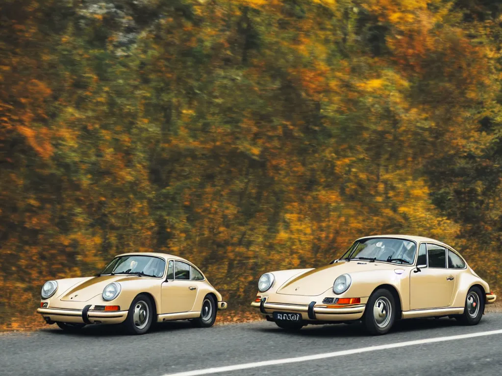 Prompt: a porsche singer with lights on a mountain road, autumn leaves, motion blur, 3 5 mm photography, car photography, clean lines, realistic