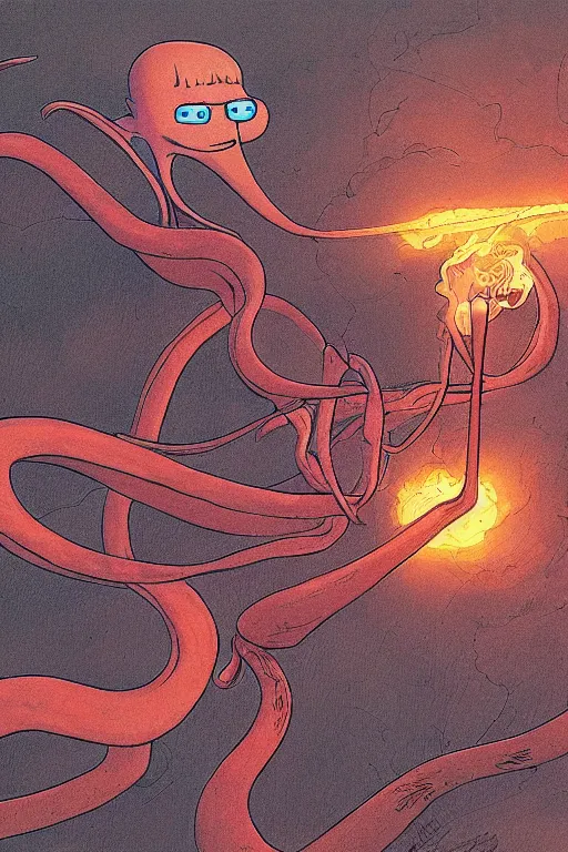 Image similar to squidward firebending outside at susnset, art by moebius, ultra detailed