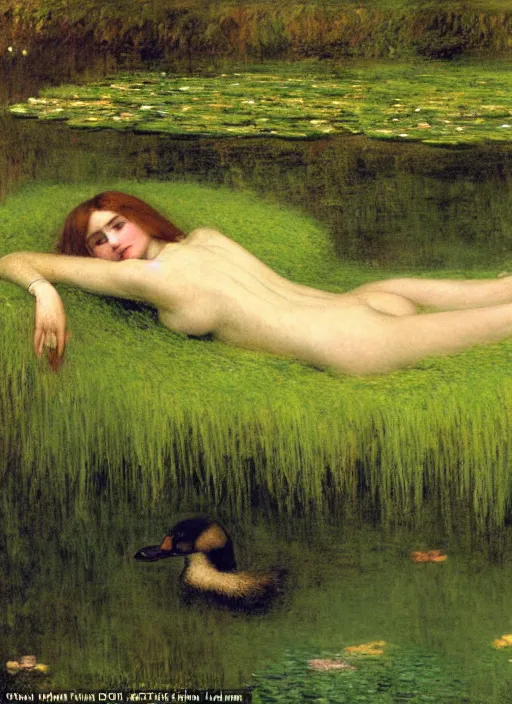 Prompt: lady laying on the river bed amongst the duck weed, underwater shot, submerged, medium shot, on the bed of the river, portrait by john william waterhouse, rosetti, monet, william holman hunt, 8 k