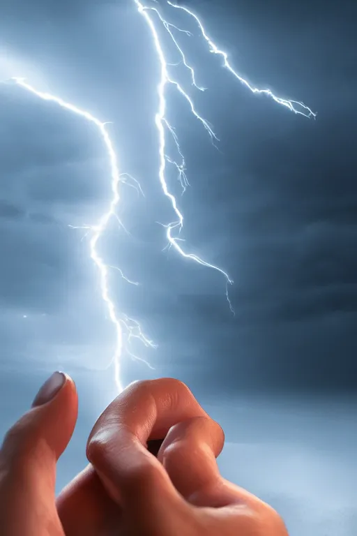 Image similar to photography of a hyper realistic lightning storm in a beautiful girl's hand. highly detailed, super power, stuning, intricate, complex, unreal engine 5.
