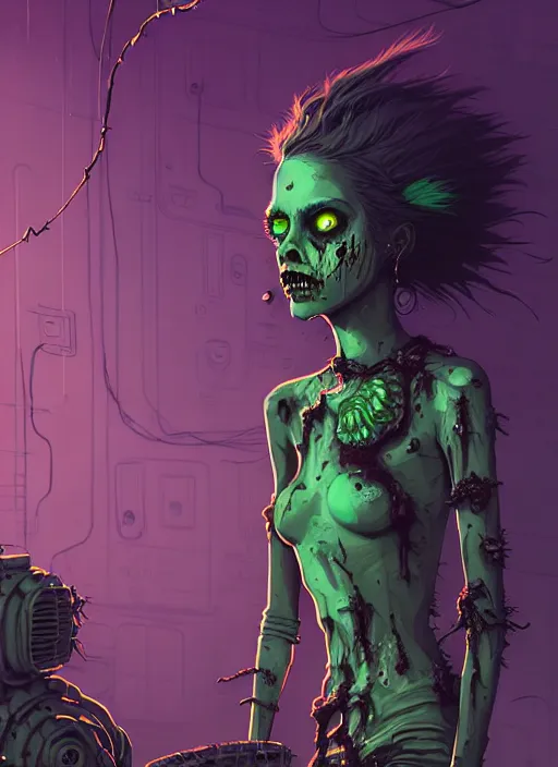 Image similar to highly detailed portrait of an moody wasteland punk long dripping green poison hair tribal zombie lady, stray wiring by atey ghailan, james gilleard, by joe fenton, by greg rutkowski, by greg tocchini, by kaethe butcher, 4 k resolution, gradient purple, brown black and white color scheme!!! ( ( green flaming robotic sewer background ) )