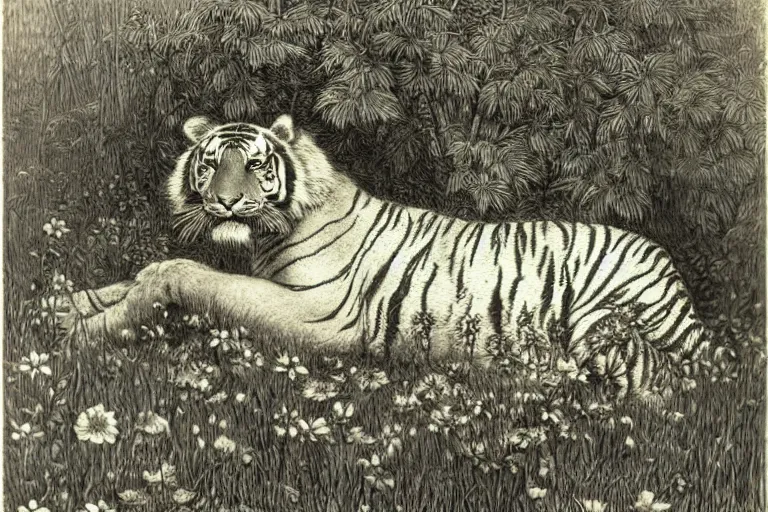 Image similar to portrait of tiger hiding in the flowers, Gustave Dore lithography