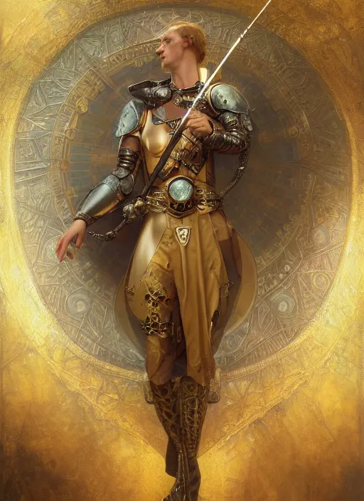 Image similar to hyper realistic knight casting a spell, refined details, denoised, birds eye view, magical, gems, jewels, gold, steampunk, cyberpunk utopia, painted by tom bagshaw, mucha, gaston bussiere, craig mullins, j. c. leyendecker 8 k