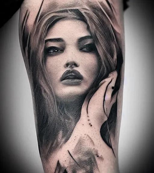 Image similar to amazing blend effect of beautiful mountain scenery with a beautiful woman face, tattoo design sketch, hyper - realistic, in the style of matteo pasqualin, amazing detail, black and white