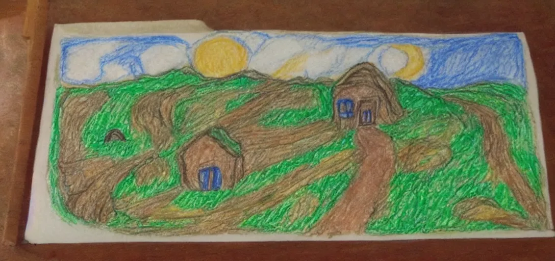 Prompt: The Shire poorly drawn in wax crayon by a five-year old