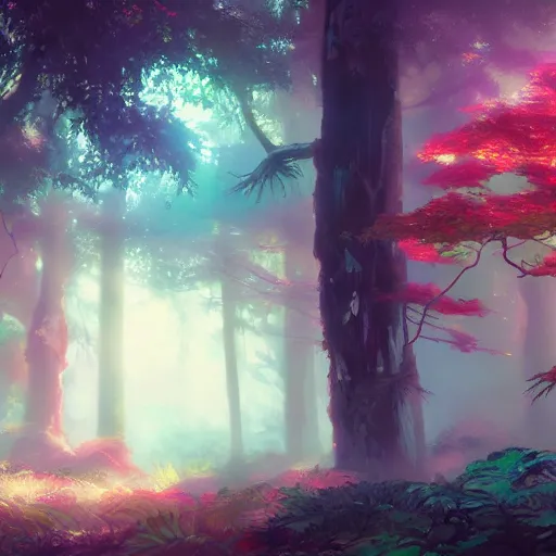 Prompt: concept art painting of a mystical colorful forest, with fog and strange colorful plants, realistic, detailed, cel shaded, in the style of makoto shinkai and greg rutkowski and james gurney