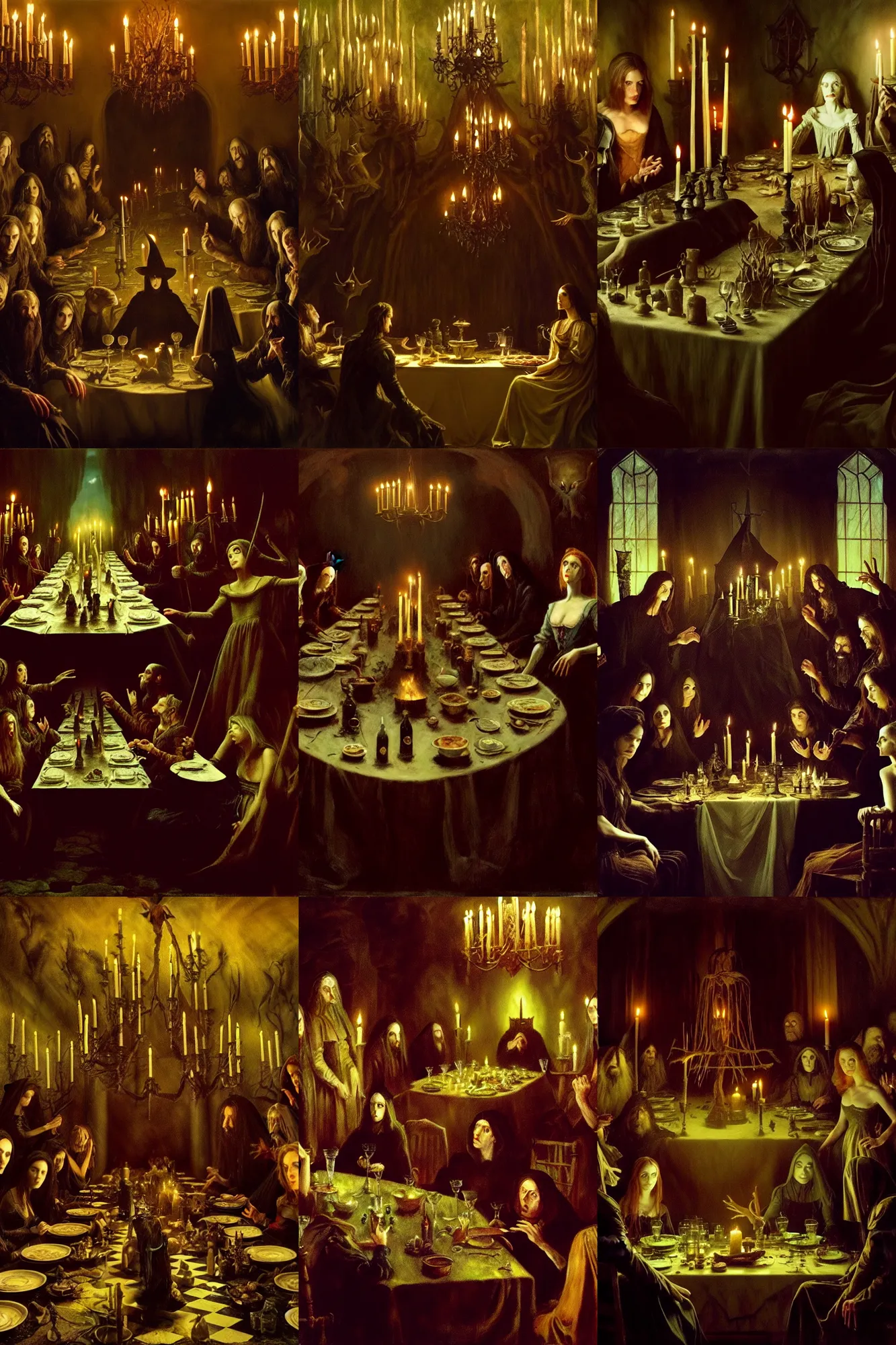 Prompt: the witch's banquet, masterpiece, dark fantasy, horror, creepy, beautiful composition, oil canvas by joe dante and denis villeneuve and gregory crewdsoni and john singer sargent, artstation, 4 k