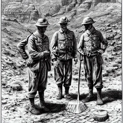 Image similar to ultra detailed photorealistic sepia - toned line drawing from 1 9 1 7, three british soldiers standing at an archaeological dig site in wadi rum, ultra realistic, painted, intricate details, lovecraft, atmospheric, dark, horror, brooding, highly detailed, by clyde caldwell