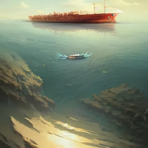 Image similar to a large ship floating on top of a body of water, , cgsociety, fantasy art, 2d game art, official art, concept art , behance hd , concept art by Jesper Ejsing, by RHADS, Makoto Shinkai